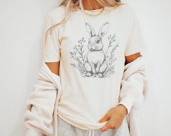 Rabbit Among Wildflowers Pen and Ink Tee
