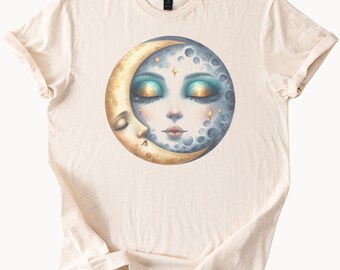 T-shirt met afbeelding van een hemels maangezicht, mystieke maankunst, dromerige sterren, maanfasen, kosmisch astrologiecadeau, maangodin-esthetisch shirt.
