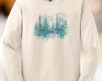 Camiseta de manga larga con estampado de acuarela de pinos y naturaleza, ideal para senderismo en la montaña y otros paisajes al aire libre.