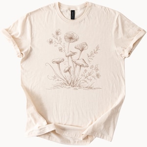 Botanische Pilz-T-Shirt Natur-Pilz-Grafik-T-Stück Blumen und Pilz-Skizzen-Hemd Natur-Liebhaber-Geschenk Cottagecore ästhetisches Kleid