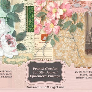 DIGITAL Kit Tall Slim Journal French Garden, Download, printable - a beautiful collection of vintage papers for junk journal