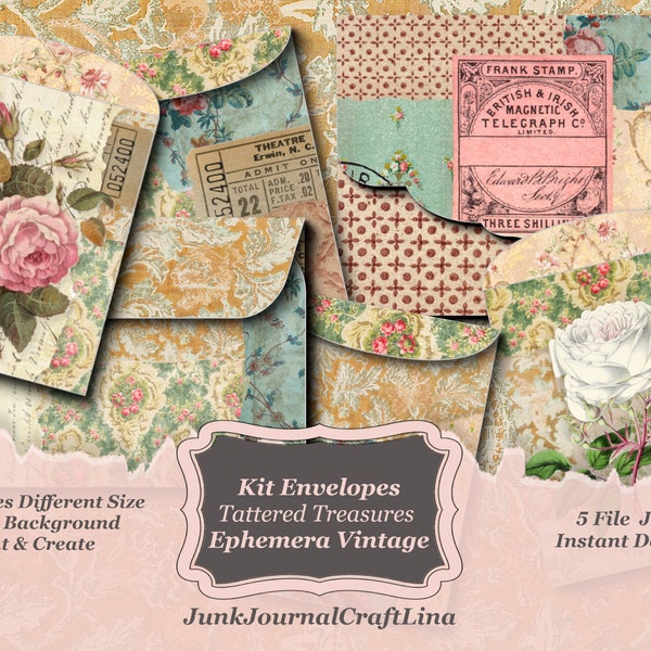 Digital ENVELOPES Tattered Treasures, Ephemera, WallPaper Vintage, Junk Journal, Scrapbooking, Paper Printable, Instant Download