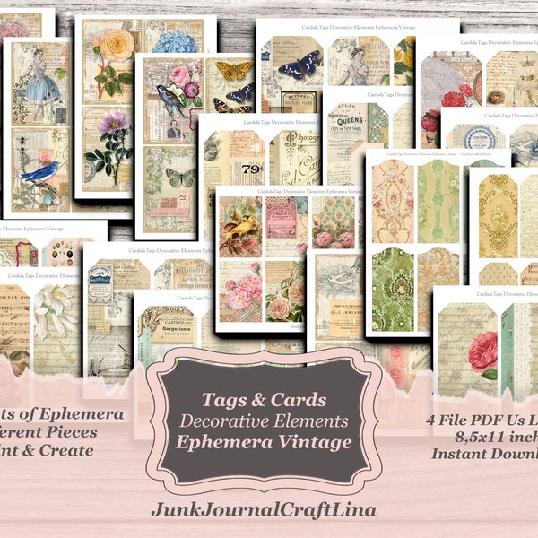 DIGITAL Bundle kit Cards Tags, Ephemera Vintage, Journal, Scrapbooking, Paper Printable, Download