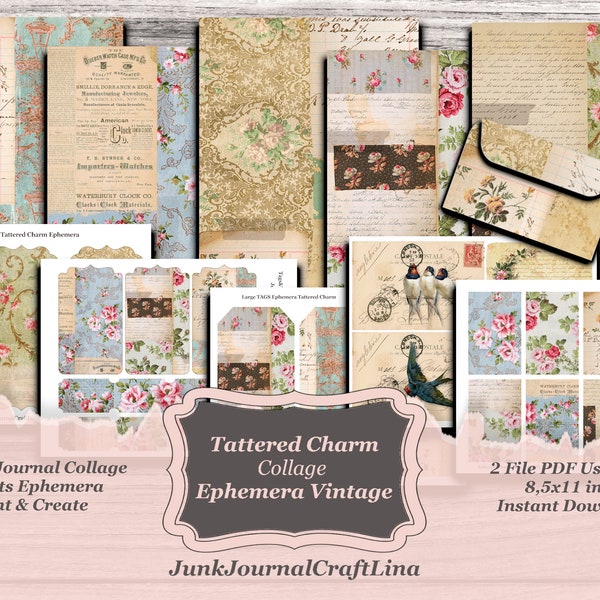 Digital Tall Slim Journal Skinny Paper Kit, Tattered Collage, Ephemera, Paper Printable, Junk Journal Instant Download