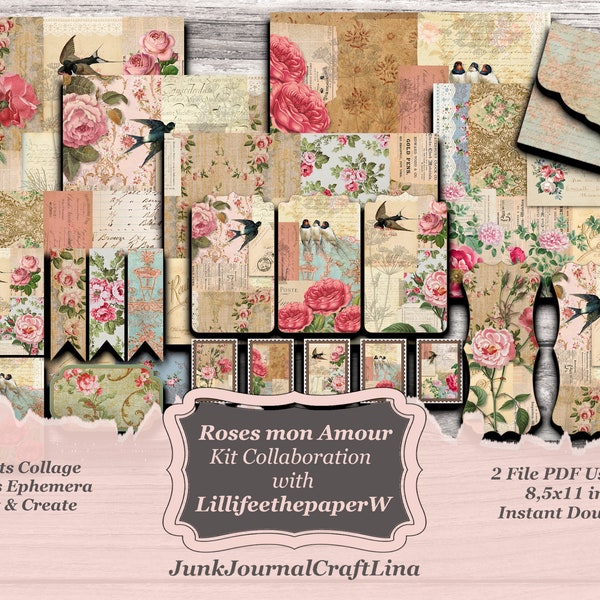 Digital Kit Roses mon Amour, Kit Collaboration with LilliFeeThePaperWitch , Ephemera Vintage,Printable, Scrapbooking, Download, Bonus FREE