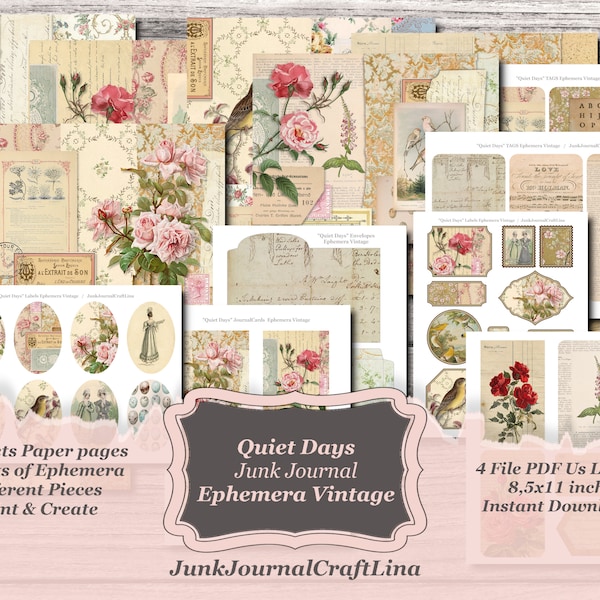 Quiet Days Vintage Junk Journal, Paper Collection Kit,  Digital Download,  Papers Printables for Journaling and Art