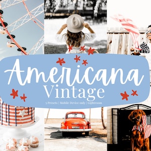 May include: A collage featuring Americana-themed images. Includes a Ferris wheel, a person in a hat, a child with a flag, a cake, a red car, and a dog with a flag. The text "Americana Vintage" is displayed on a blue background with red star accents.
