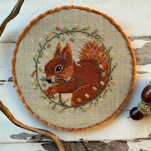 May include: A round, cross-stitched artwork featuring a red squirrel within a green and yellow floral wreath. The squirrel has a fluffy tail and is surrounded by a tan background. The artwork is framed with a fuzzy, orange border.