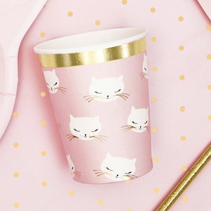 6 gobelets en papier chat rose mignon, gobelets en papier rose et doré, gobelets pour fête d'enfants, gobelets en papier à imprimé chaton, lot de 6 gobelets en papier, fête à thème animal