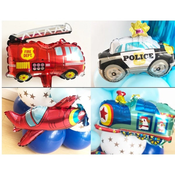 Mini Foil Transport Balloons, Vehicle Themed Balloons, Blue Birthday Balloon, Police Balloon, Train Balloon, Plane Balloon, Firefighter