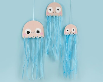 3 Hanging Jellyfish With Blue Tissue Tassels Backdrop, Photo Props, Under The Sea Theme, Under The Sea Birthday Party, Jellyfish Decoration