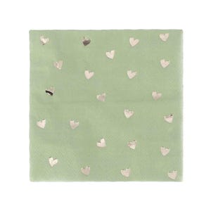 May include: A square, light green napkin with a pattern of small, metallic silver hearts. The hearts are evenly spaced across the surface of the napkin. The napkin is likely made of paper or a similar material.
