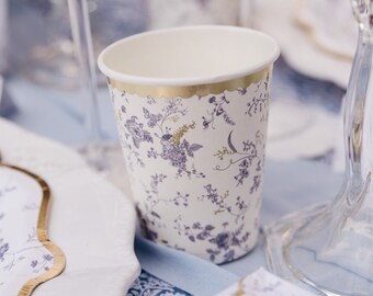 Set Vaisselle Jetable Floral Bleu Et Blanc – 20 Personnes – Assiettes, Gobelets, Serviettes, Pailles, Nappe – Anniversaire, Mariage, Fête