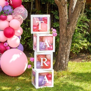 Hermosos bloques desplegables personalizados con globos, bloques de globos de cumpleaños, cajas de globos blancos con nombre, primer cumpleaños, letras y números