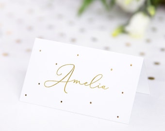 10 Place Cards with Gold Polka Dots, Wedding Place Cards, Elegant Place Cards, White and Gold Place Cards, Gold Foil Place Cards