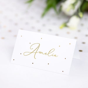 10 plaatskaarten met gouden stippen, plaatskaartjes bruiloft, elegante plaatskaartjes, witte en gouden plaatskaartjes, plaatskaartjes goudfolie, plaatskaartjes goudfolie, elegante plaatskaartjes