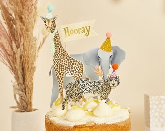 Cute Party Animal Cake Toppers, Safari Party Cake Topper Set with Pom Poms, Wild One Cake Decorations, Baby Boy, Baby Girl, Safari Cake,