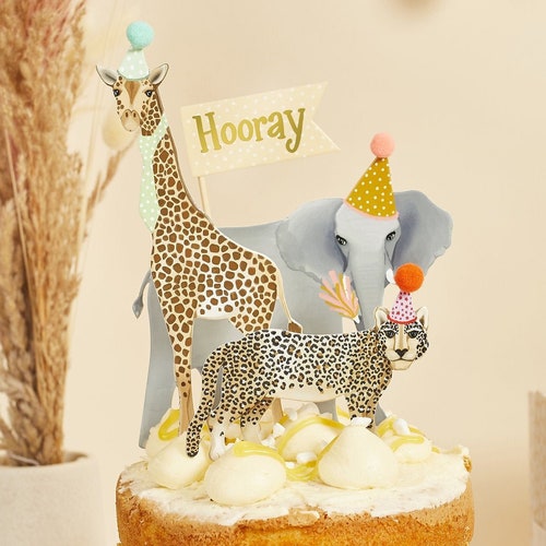 Cute Party Animal Cake Toppers, Safari Party Cake Topper Set with Pom Poms, Wild One Cake Decorations, Baby Boy, Baby Girl, Safari Cake,