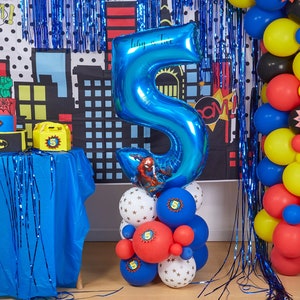 Scultura di palloncini fai da te da 55" con stelle bianche, rosse e blu, a tema supereroe, per feste di compleanno per bambini, scultura di palloncini, scultura di supereroi, supereroe
