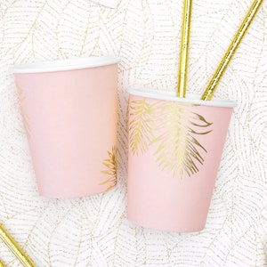 Tropical Pink Paper Cups, Pink Palm Leaves Cups, Tropical Paper Cups, Botanical Party Cups, Tropical Leaves Cups, Tropical Party