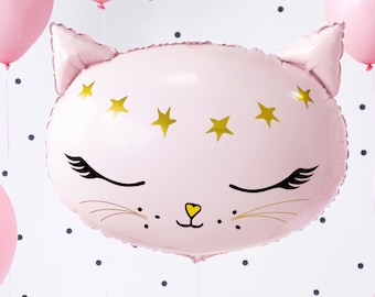 Jättestor kattballong, 48 cm, rosa kattballong, kattfolieballong, söt rosa och guldfärgad kattballong, kattfolieballong, kattungeballong