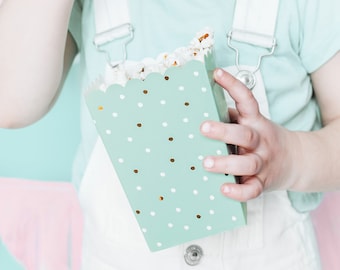 Mint Green Popcorn Boxes with White and Gold Polka Dots, Popcorn Boxes, Pastel Green Popcorn Boxes, Pastel Green Tableware, Mint Green