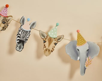Safari Party Animal Garland: Giraffe, Zebra, Leopard, Elephant (2m/7ft), Safari Banner