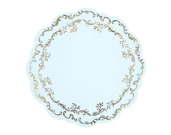 6 manteles individuales vintage azul claro y dorado de 35,5 cm. Manteles individuales azules, manteles individuales elegantes, vajilla azul claro, vajilla vintage.