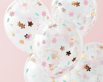 Flower Confetti Balloons in Pastel Pink, Mint and Rose Gold, Pink Confetti Balloons, Confetti Balloon Decorations, Pink and Gold Party Decor