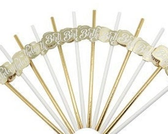 12 gelukkige verjaardag gouden en witte rietjes 19,5 cm, papieren rietjes, verjaardagsfeestje rietjes, goud en wit, mijlpaal verjaardag, rietjes,