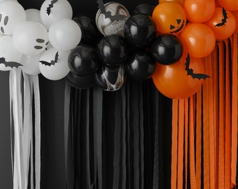 Halloween Balloon Arch Backdrop with Ghosts, Pumpkins, Bats & Streamers, Black, White and Orange Halloween Party Balloon Arch with Backdrop