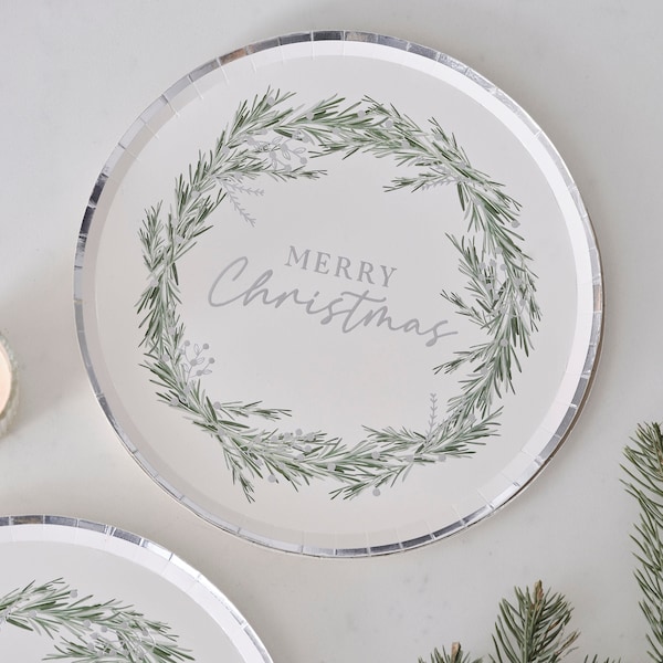 8 Merry Christmas Silver Wreath Paper Plates, Set of 8, 25cm Christmas Plates, Silver Wreath, Merry Christmas Plates, Frosted Christmas