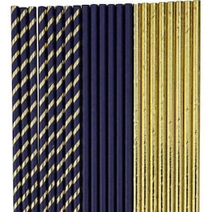 Eleganti cannucce di carta blu navy e oro, confezione da 22, eleganti cannucce di carta, stoviglie blu e oro, cena, cannucce blu e oro