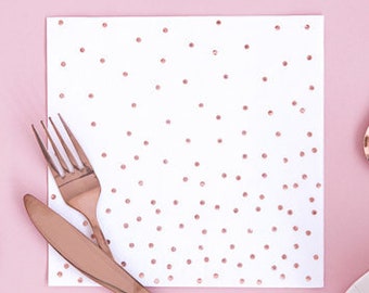 Luxurious White Napkins with Foil Rose Gold Polka Dots, Rose Gold Paper Napkins, White and Rose Gold Napkins, Rose Gold Napkins, Rose Gold