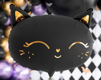 Giant Cat Balloon, 19in/48cm, Black Cat Balloon, Cat Foil Balloon, Cute Black and Gold Cat Balloon, Kitty Foil Balloon, Kitten Balloon