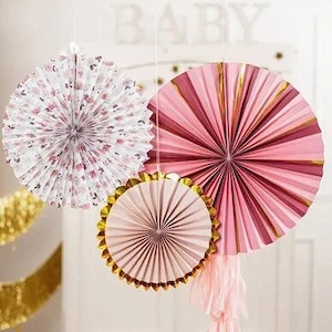 Éventails en papier rose pastel et fleurs, Éventails pour le goûter de l'après-midi, Décoration murale de fête, Moulin à vent, Éventail de fête d'anniversaire, Rosettes dorées, Shower de bébé
