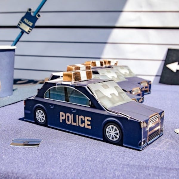 Police Car Treat Boxes, DIY, Set of 8, Police Car Gift Boxes, Blue and Gold Police Boxes, Kids Police Party, Boys Birthday Gift Boxes, Cops