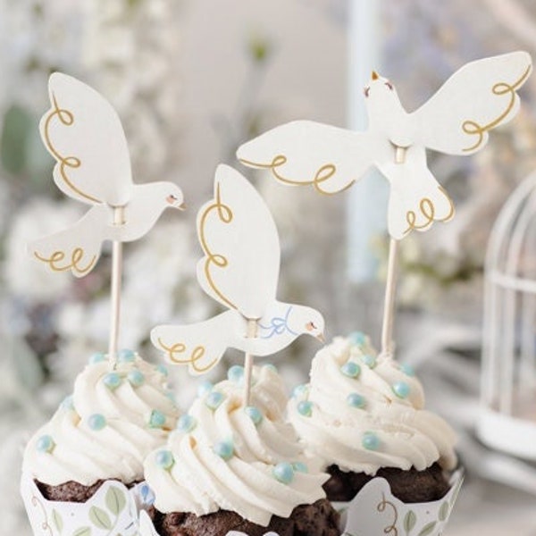 White and Gold Doves Cupcake Toppers, Gold Dove Cupcake Toppers, First Communion, Holy Communion Cupcake Topper, White Doves