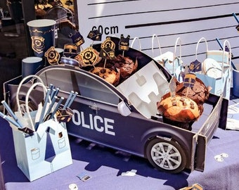 Soporte para cupcakes con forma de coche de policía, expositor de comida con forma de coche de policía en 3D, centro de mesa para fiestas de policía, fiesta infantil de policía, cumpleaños de niño, coche de policía, decoración de cupcakes