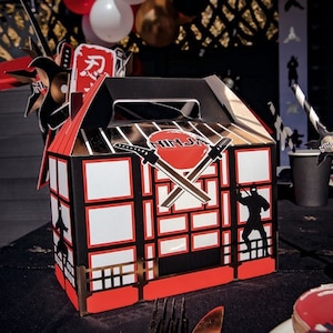 Ninja Leckerli-Boxen, DIY, 4er-Set, Ninja Geschenkboxen, schwarze und rote Boxen, Kinder Ninja Party, Jungen-Geburtstags-Geschenkboxen, Ninjas, Schwarz und Gold