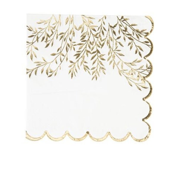 16 White Gold Floral Napkins 33 x 33 cm, Elegant Botanical Print, Wedding Napkins, Wildflower Gold Foil Edge Scalloped Trim, White and Gold