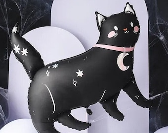 May include: Black cat balloon with a pink collar and a crescent moon design. The balloon has white stars on its body and tail. The balloon is against a white background with a black spiderweb.
