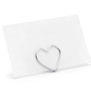 10 porta-cartões de prata em forma de coração, porta-cartões de metal prateado, cartões de lugar de casamento, porta-cartões de mesa prateado, cartões de lugar