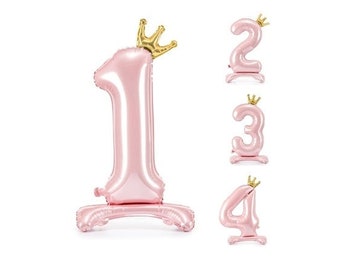 Standing Pastel Pink Number Balloon with Crown, 33in/84cm, Light Pink Number Balloon, Girls First Birthday, 1st Birthday Balloon, Foil