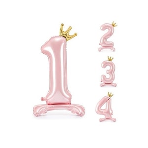 Standing Pastel Pink Number Balloon with Crown, 33in/84cm, Light Pink Number Balloon, Girls First Birthday, 1st Birthday Balloon, Foil