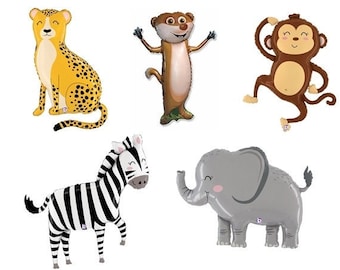 Jumbo Animal Balloons, Safari Animal Balloons, Elephant, Monkey, Cheetah, Meerkat, Zebra, Large Foil Balloon Safari Party Balloons, Foil