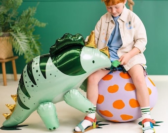 Globo de dinosaurio verde metalizado, globo de triceratops, globo de dinosaurio verde, fiesta infantil, jurásico, cumpleaños temático de dinosaurios, fiesta de dinosaurios