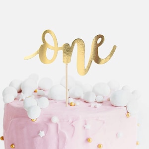 Gold &#39;One&#39; Cake Topper, First Birthday Cake Topper, Gold &#39;One&#39; Script Cake Decoration, 1st Birthday Cake Decoration, Gold Birthday Topper