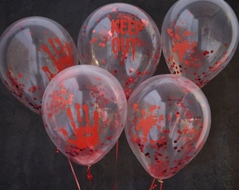 Scary Bloody Confetti Halloween Balloons, Pack of 5, Bloody Handprint Balloons, Halloween Confetti Balloons, Keep Out, Halloween Decorations