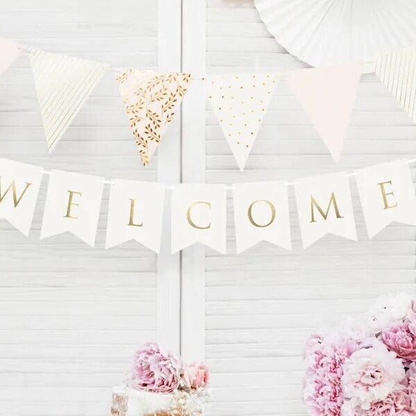 White and Gold 'Welcome' Banner, Welcome Bunting, Wedding Welcome Banner, Wedding Decorations, Bunting, White and Gold Wedding Deco